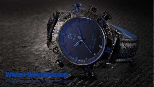 Shark Men's LED Date Day Alarm Digital Analog Quartz Sport Black Leather Band Wrist Watch Blue