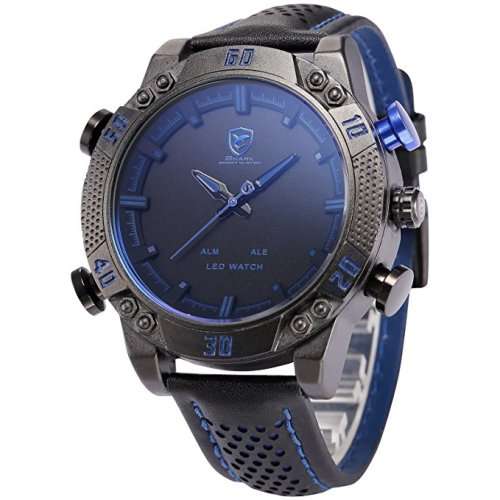 Shark Men's LED Date Day Alarm Digital Analog Quartz Sport Black Leather Band Wrist Watch Blue