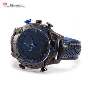 Shark Men's LED Date Day Alarm Digital Analog Quartz Sport Black Leather Band Wrist Watch Blue