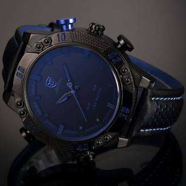 Shark Men's LED Date Day Alarm Digital Analog Quartz Sport Black Leather Band Wrist Watch Blue