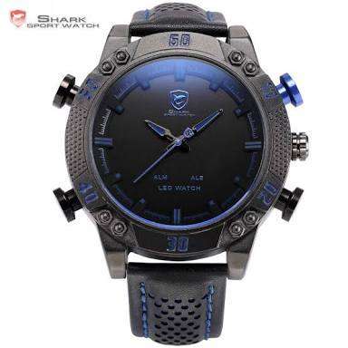 Shark Men's LED Date Day Alarm Digital Analog Quartz Sport Black Leather Band Wrist Watch Blue