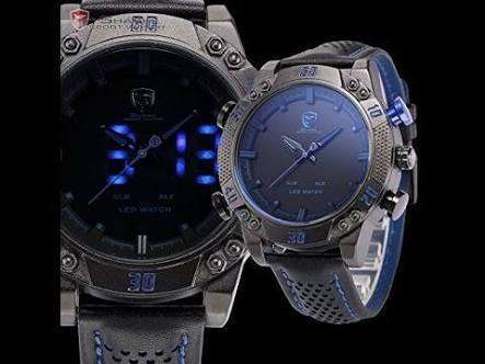 Shark Men's LED Date Day Alarm Digital Analog Quartz Sport Black Leather Band Wrist Watch Blue