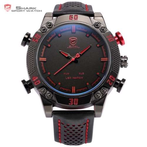 New Shark Men's LED Date Day Alarm Digital Analog Quartz Sport Black, Red Leather Band Wrist Watch
