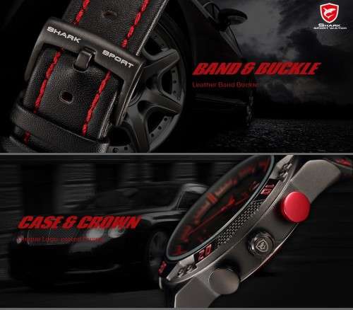 New Shark Men's LED Date Day Alarm Digital Analog Quartz Sport Black, Red Leather Band Wrist Watch