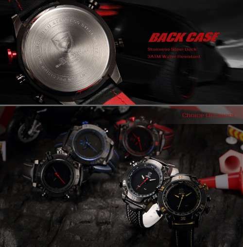 New Shark Men's LED Date Day Alarm Digital Analog Quartz Sport Black, Red Leather Band Wrist Watch