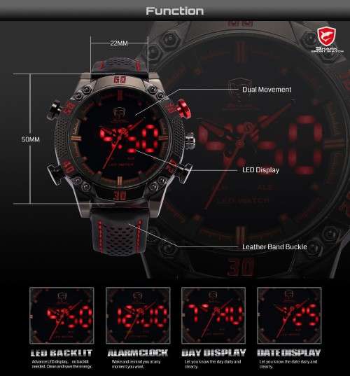 New Shark Men's LED Date Day Alarm Digital Analog Quartz Sport Black, Red Leather Band Wrist Watch