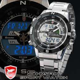 Authentic SHARK Men's Black Dial LCD Dual Time Date Day Digital Sport Stainless Steel Wrist Watch