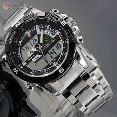 Authentic SHARK Men's Black Dial LCD Dual Time Date Day Digital Sport Stainless Steel Wrist Watch