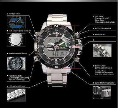 Authentic SHARK Men's Black Dial LCD Dual Time Date Day Digital Sport Stainless Steel Wrist Watch