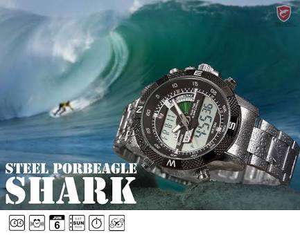 Authentic SHARK Men's Black Dial LCD Dual Time Date Day Digital Sport Stainless Steel Wrist Watch