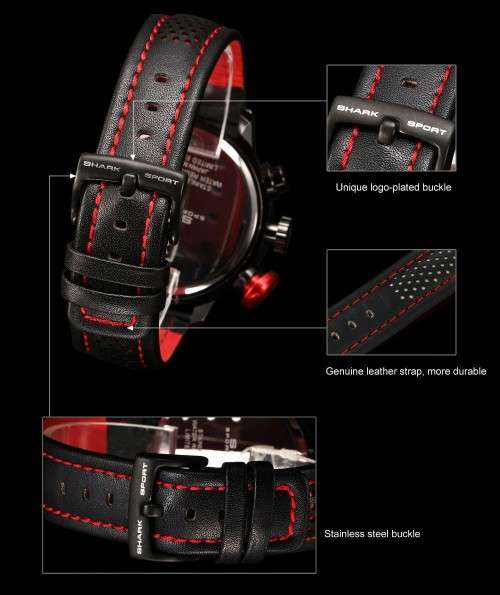Authentic BrandNewLongfin SHARK Sport Watch Date Day 24Hrs Stainless Steel Case Leather Black Men Ge