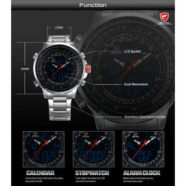 Authentic Brand New Shark Men's Digital/Analog Quartz Day/Date/Alarm Stainless steel Wrist Watch