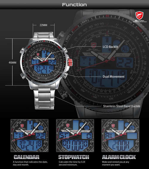 Authentic Brand New Shark Men's Digital/Analog Quartz Day/Date/Alarm Stainless steel Wrist Watch