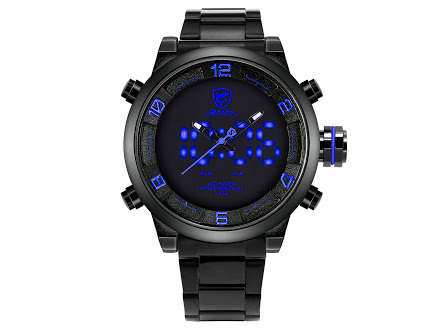 Authentic Brand New  Shark Mens Analog LED  Alarm Date Day Display Stainless Steel Quartz Watch