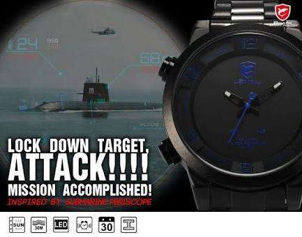 Authentic Brand New  Shark Mens Analog LED  Alarm Date Day Display Stainless Steel Quartz Watch