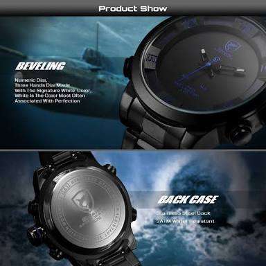 Authentic Brand New  Shark Mens Analog LED  Alarm Date Day Display Stainless Steel Quartz Watch