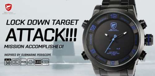 Authentic Brand New  Shark Mens Analog LED  Alarm Date Day Display Stainless Steel Quartz Watch