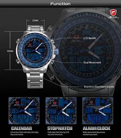 Authentic Brand New Men's "Winghead shark" Digital/Analog Quartz Day/Date/Alarm Stainless stee
