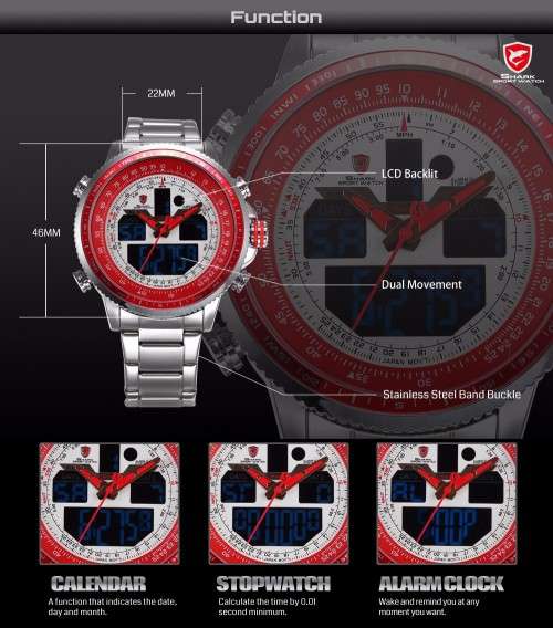 Authentic Brand New Shark Men's Digital/Analog Quartz Day/Date/Alarm Stainless steel Wrist Watch