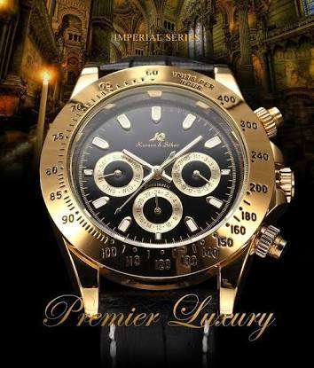 Authentic Luxury KS Imperial Day Date Gold Case Black Leather Men Automatic Mechanical Wrist Watch