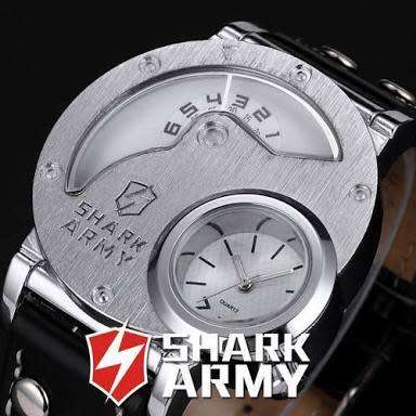 Authentic SHARK ARMY Oversized Dual Time Zone Military Brushed Steel Face Quartz Sport Wrist Watch