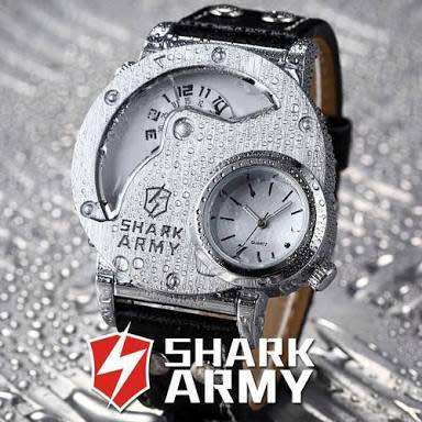 Authentic SHARK ARMY Oversized Dual Time Zone Military Brushed Steel Face Quartz Sport Wrist Watch