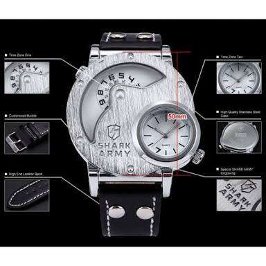 Authentic SHARK ARMY Oversized Dual Time Zone Military Brushed Steel Face Quartz Sport Wrist Watch