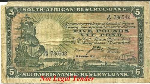 ## J. Postmus 1st Issue 5 Pounds Note B12 786542 22 November 1937 ##