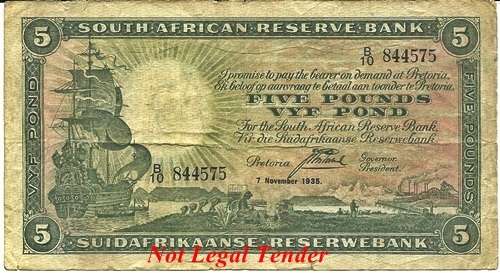 ## J. Postmus 1st Issue 5 Pounds Note B10 844575 7 November 1935 ##