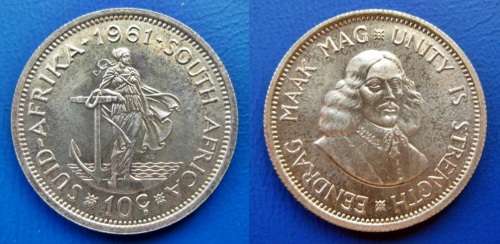 ## Beautiful 1961 South Africa Silver 10 Cent ##