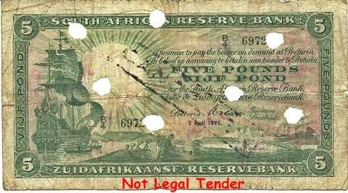 ##  W.H. Clegg 2nd Issue 5 Pounds Note B4 6972.. 7 April 1926 ** Canceled Note ##