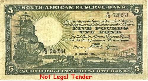 ##  J. Postmus 1st Issue 5 Pounds Note B13 328261 30 November 1937 ## VG