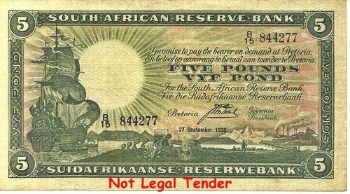 ##  J. Postmus 1st Issue 5 Pounds Note B15 844277 27 November 1938 ## VG