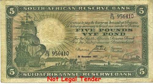 ##  J. Postmus 1st Issue 5 Pounds Note B13 956410 30 November 1937 ## VG