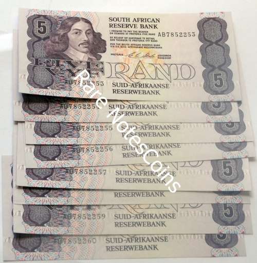 8 Unc Sequential Five Rand Type 11  CL Stals  (1st Issue) E/A Banknote AB7852253
