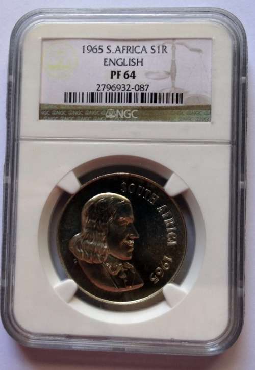 ## 1965 South African Proof NGC graded Pf 64 One Rand . ## Key Date
