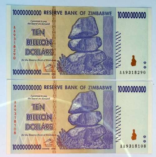Two Ten Billion Dollar Unc Zimbabwe Notes