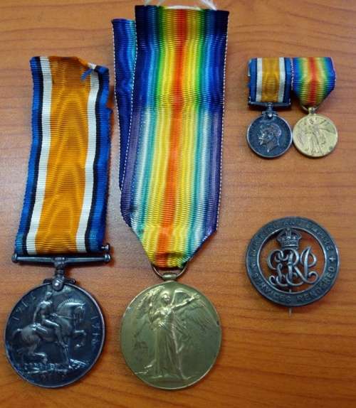 PTE WJ Grimsdale Middlesex Regiment Medals plus wound badge and Miniatures