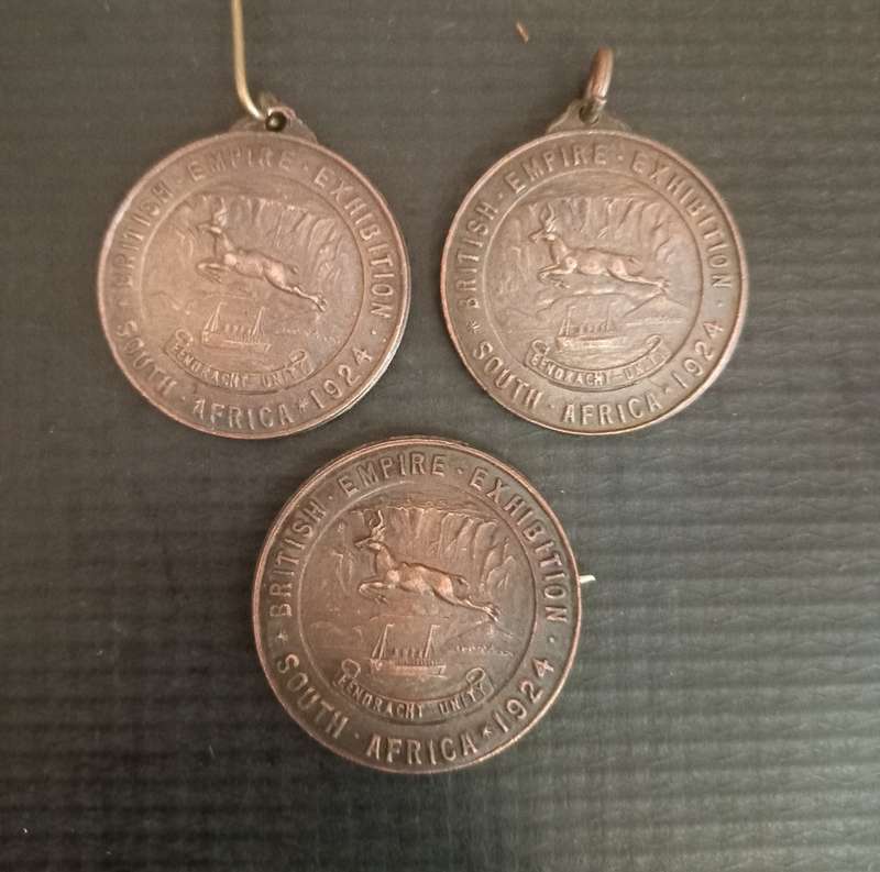 3 Different 1924South Africa British Empire Exhibation number medallions