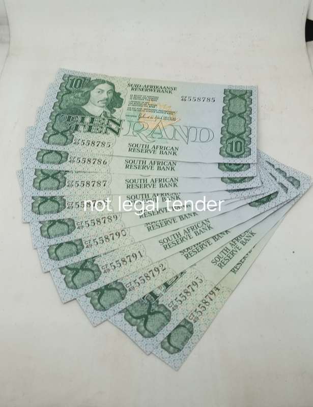 A/Unc 10 x Sequential 1982 GPC de Kock Ten Rand Banknotes Afr/Eng