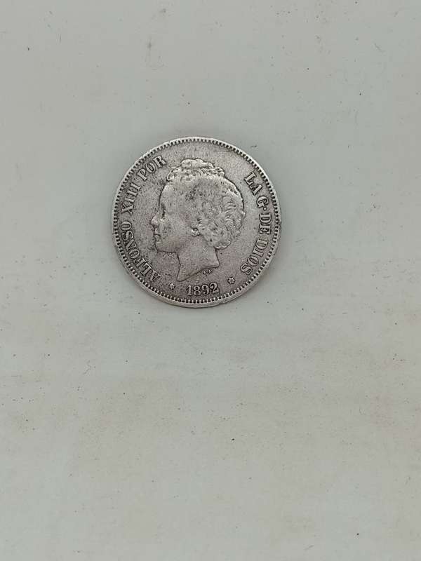 1892 Spanish 5 Pesetas Crown size Coin Mintage 7 000 000