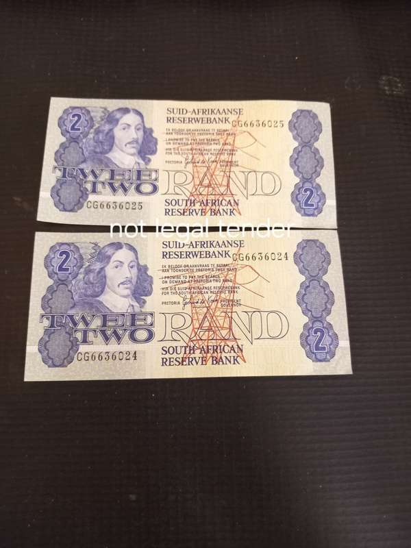 Two 1988 Sequential GPC de Kock Two Rand Banknotes Afr / Eng