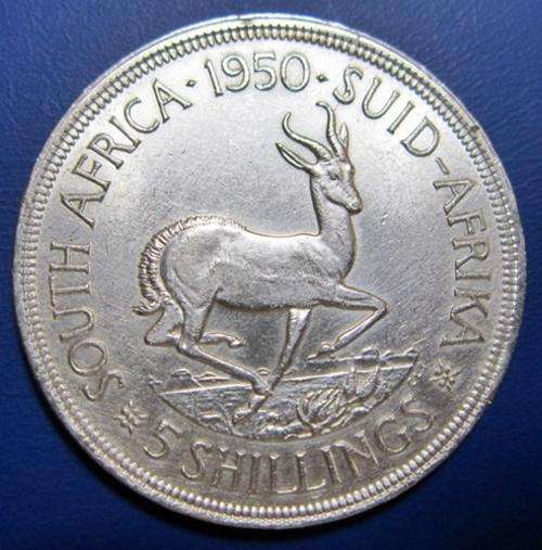 ## Semi Key Date - Great piece ** 1950 South Africa Silver 5 Shillings/Crown ##