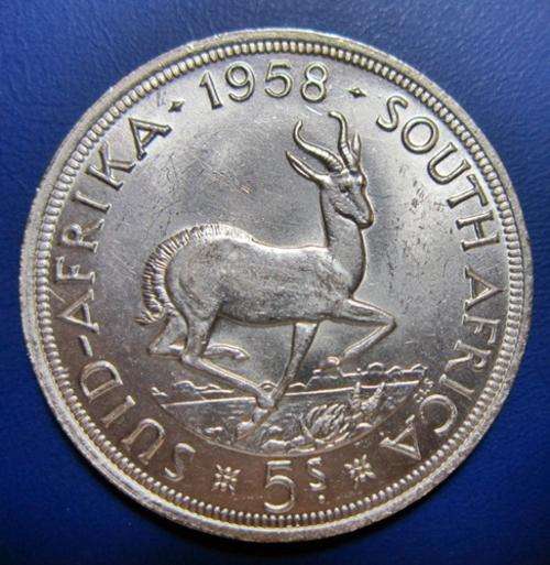 ## Great piece ** 1958 South Africa Silver 5 Shillings/Crown ##