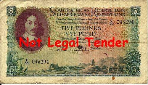 ## M.H. de Kock 3rd Issue 5 Pounds Note E/A 26.2.57 ** C55 043294 ##