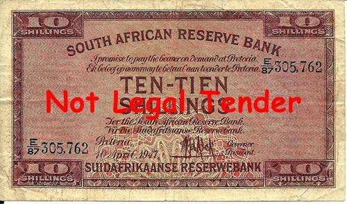## VF 1947 M.H. de Kock 1st Issue 10 Shillings Note ** E87 305,762 ##