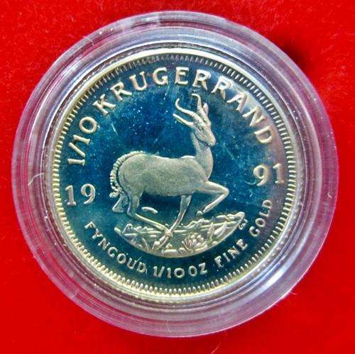 ## Proof 1991 South Africa 1/10th Oz Kruger Rand in Red SAM Box ## Coin A