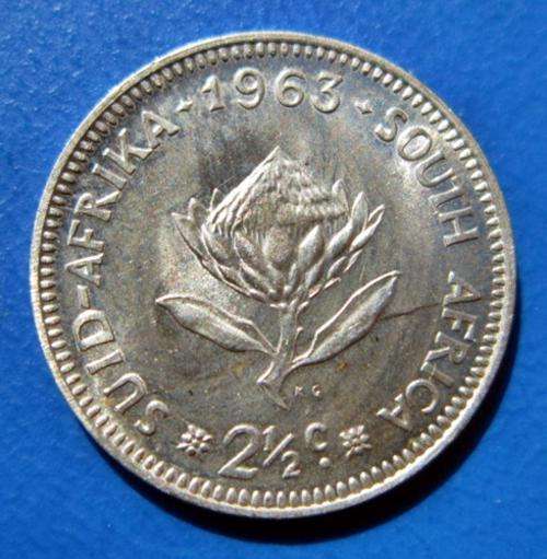 ## UNC - Cracked Die 1963 South Africa 2 1/2 Cent ##