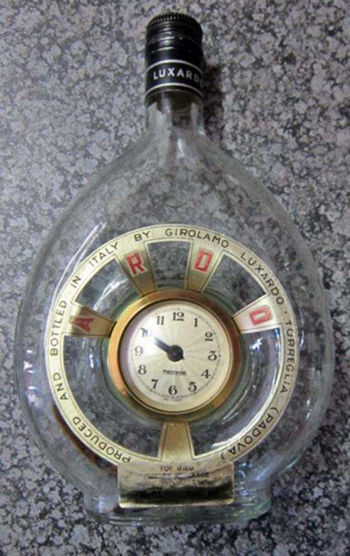 ## It's Drink o'Clock ** Mercedes Clock Set in Luxardo Liquer Bottle ** No Wind up Key ##