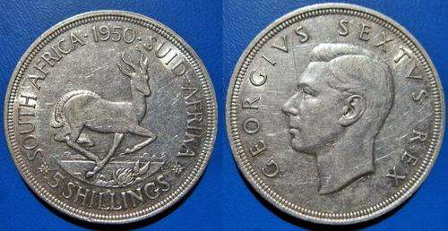 ## ** Semi Key Date ** 1950 South Africa Silver 5 Shillings/Crown ##